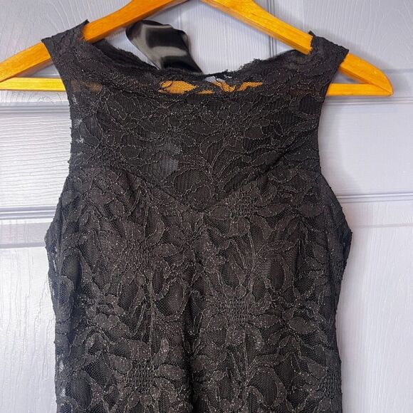 Morgan & Co Black Lace Sleeveless Ribbon Tie Back Sheath Cocktail Dress Size 7/8 - Picture 4 of 11
